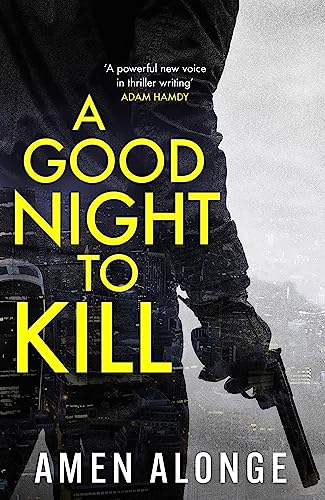 Book cover: man with gun, city background, yellow title text.