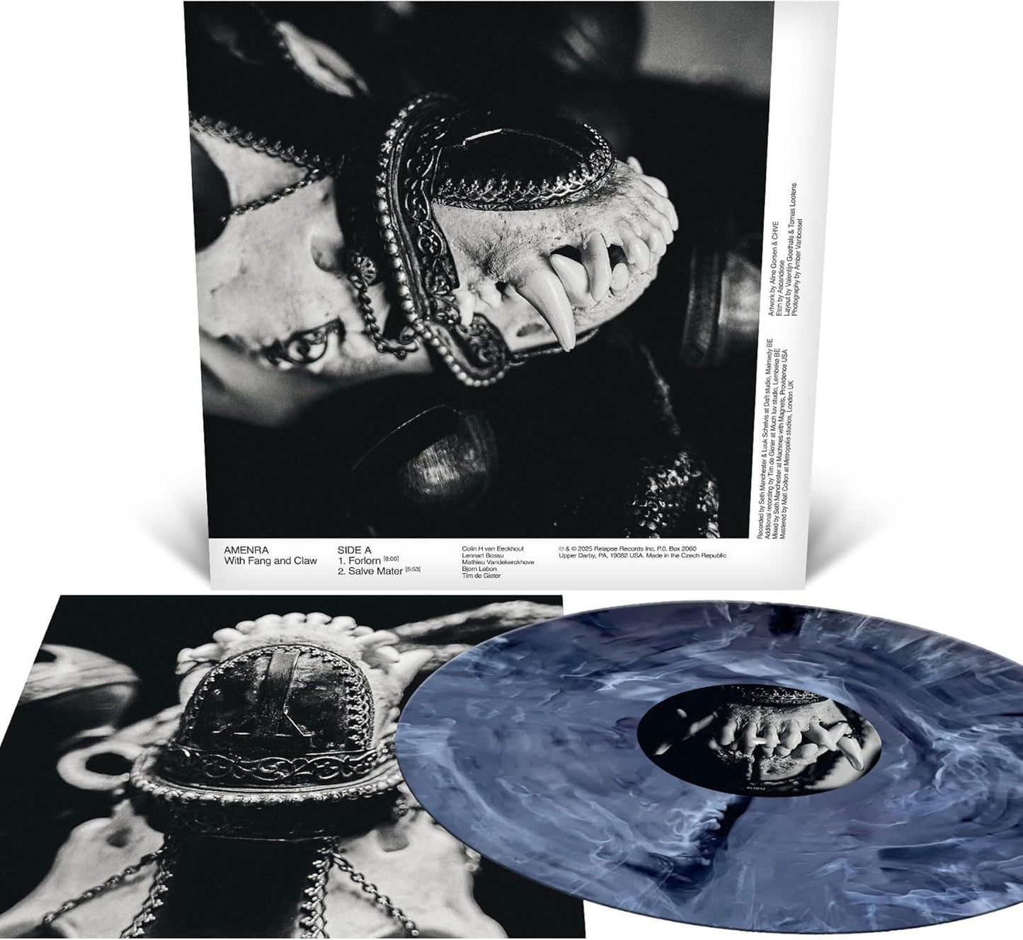 Black and white album cover with clawed hand, vinyl record shown.