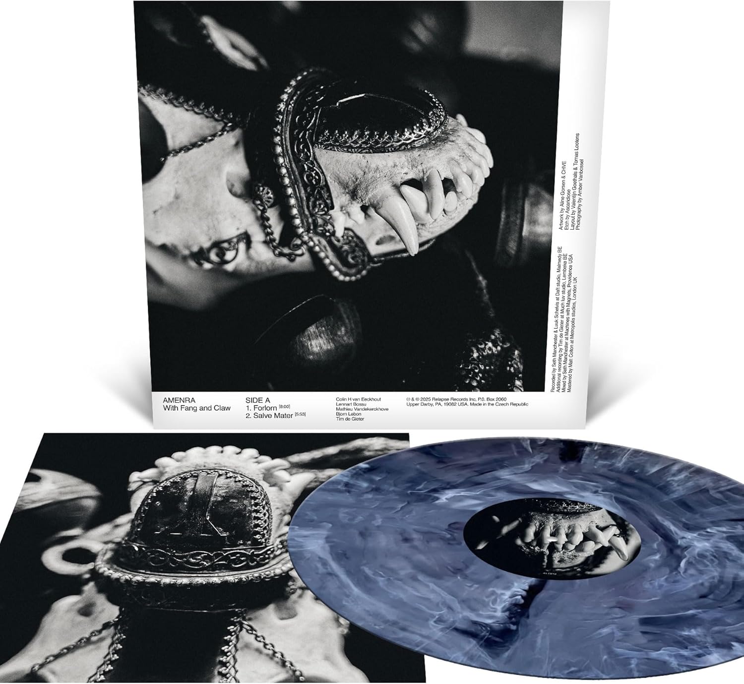 Black and white album cover with clawed hand, vinyl record shown.