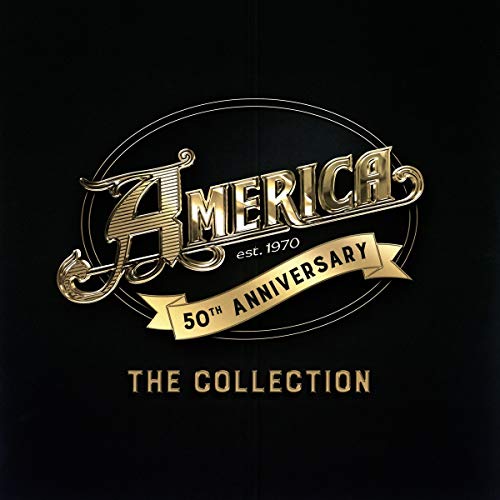 "Black vinyl album cover with gold 'America' logo and '50th Anniversary' banner."
