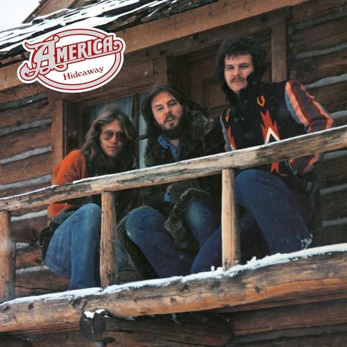 Three men sit on a wooden cabin porch with the America Hideaway album logo.