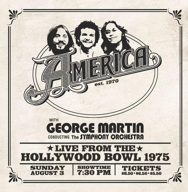 America album cover featuring three musicians and text details for a 1975 concert.