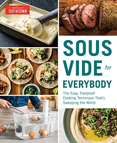 Cookbook cover featuring sous vide dishes: steak, eggs, tacos, and salad.