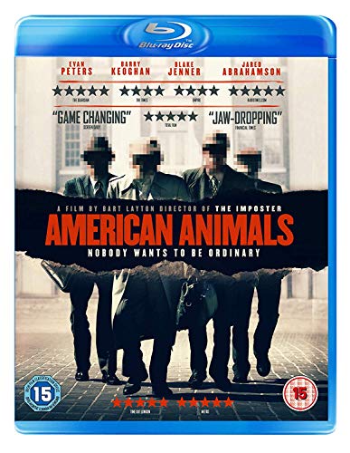 Blu-ray cover for American Animals featuring four men in suits with pixelated faces.