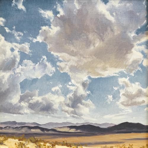 Painted landscape with a cloudy blue sky over distant mountains.