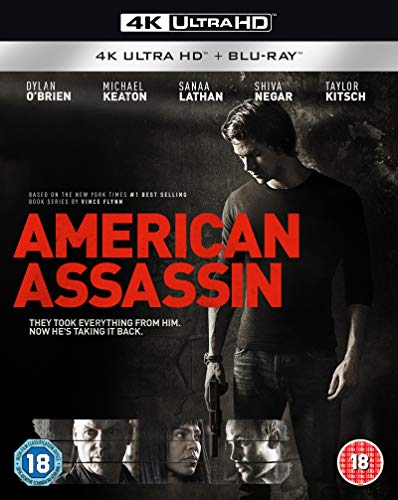 “American Assassin” Blu-ray cover featuring Dylan O’Brien, action thriller theme.