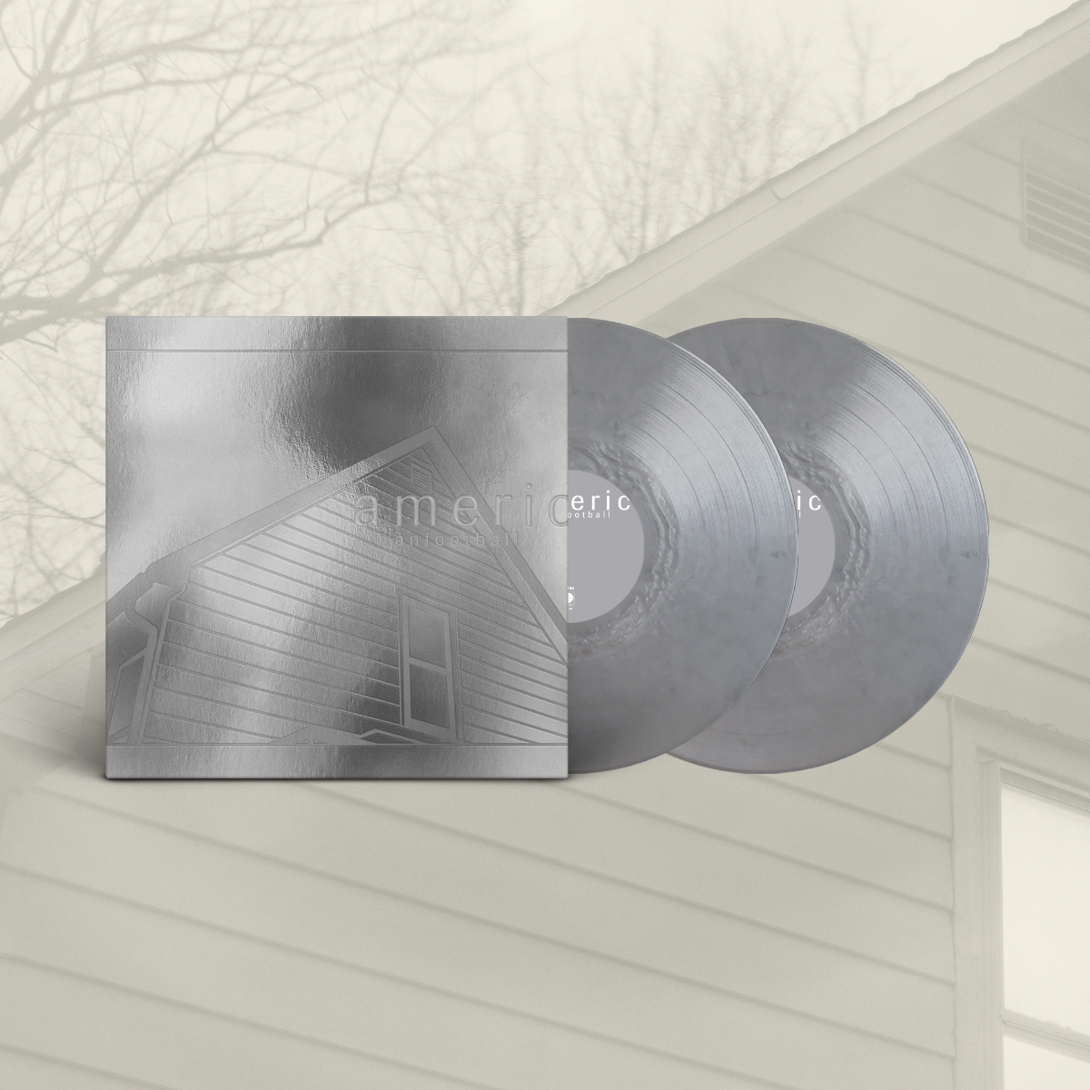 Silver vinyl record set with house illustration cover art against a house siding background.