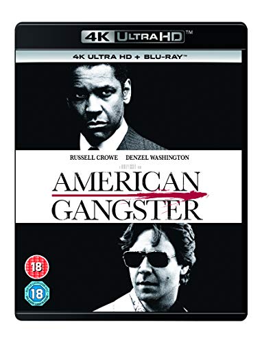 "Blu-ray case for 'American Gangster' with black and white images of two men."