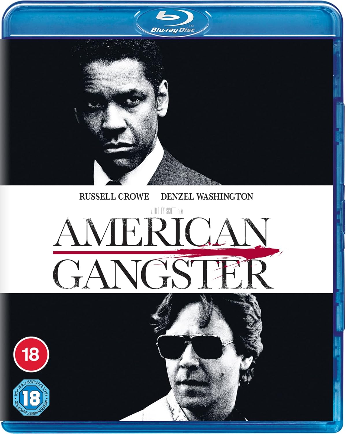 Blu-ray cover for "American Gangster" featuring Denzel Washington and Russell Crowe.