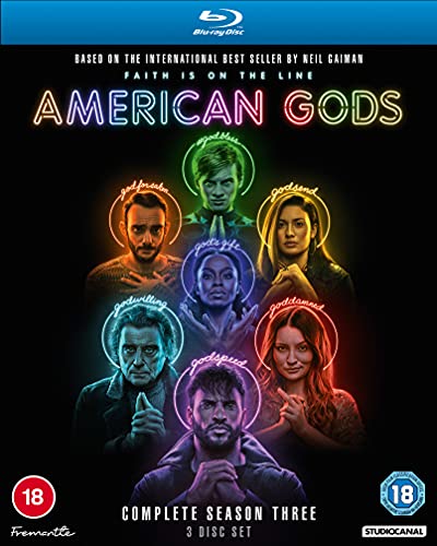 American Gods Season Three Blu-ray cover with neon-lit character portraits.
