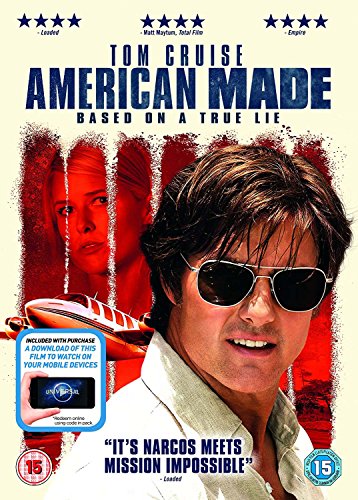 DVD cover for American Made featuring Tom Cruise wearing sunglasses with a plane background.