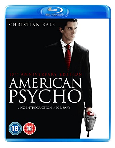 Christian Bale in a suit holding a nail gun on the American Psycho Blu-ray cover.