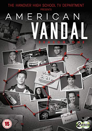 "American Vandal Season 1 DVD cover featuring black and white photos on a corkboard."