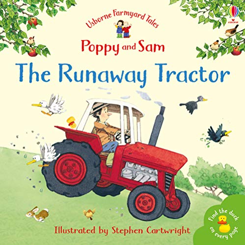Book cover: red tractor with a boy driving, farm animals around.