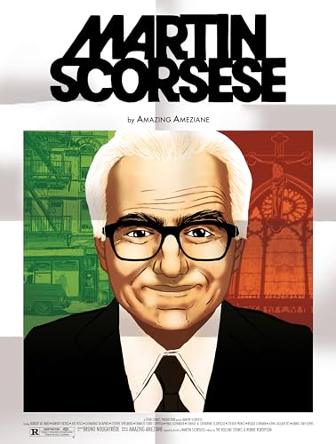 Illustrated portrait of Martin Scorsese with film imagery background.