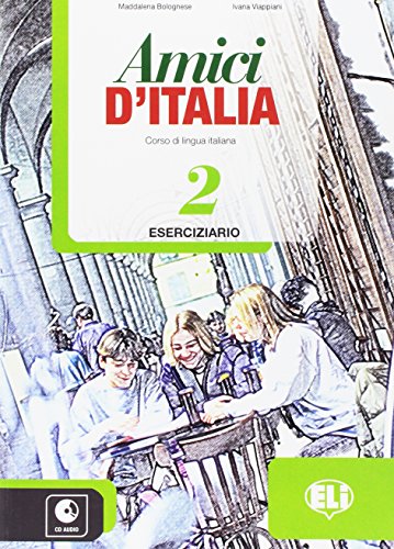 Italian language textbook "Amici d'Italia 2" with students at a cafe.
