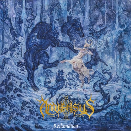 A dark blue winter forest scene featuring a large wolf and a pale creature.