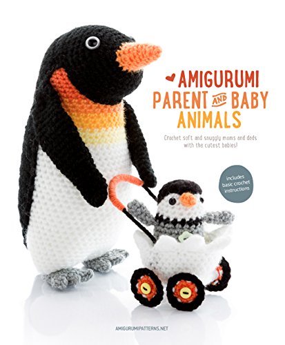 Crocheted penguin mother pushing a baby penguin in a stroller.