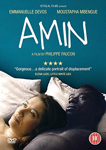DVD cover for "Amin" featuring two people lying in bed.