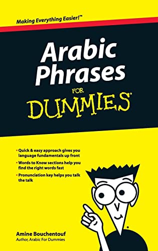 Book cover: "Arabic Phrases for Dummies" with cartoon character.