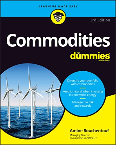 Book cover for "Commodities For Dummies" with wind turbines image.