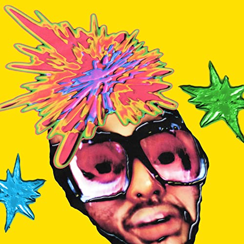 Face with sunglasses and colorful, spiky, star-shaped graphics.