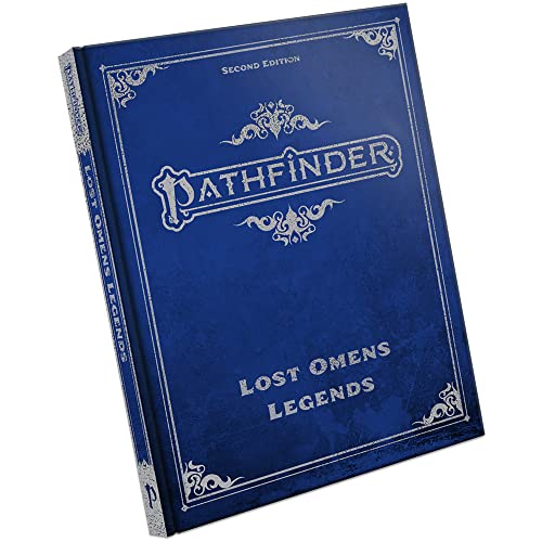 Blue hardcover Pathfinder Lost Omens Legends book with silver foil lettering and decorative borders.
