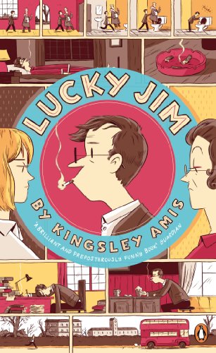 Book cover for "Lucky Jim" featuring illustrated characters and comic strip panels.