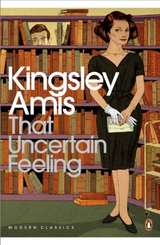 Book cover: woman in black dress, bookshelf background, Kingsley Amis title.