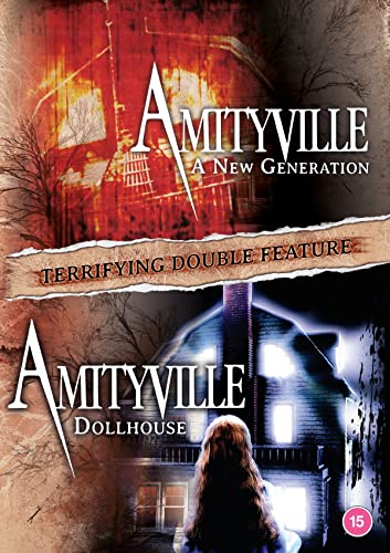 DVD cover for “Amityville” films featuring haunted houses and a young girl.