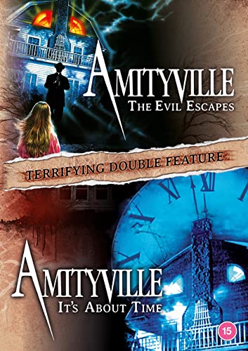 DVD cover for "Amityville Horror" films featuring a haunted house and clock.