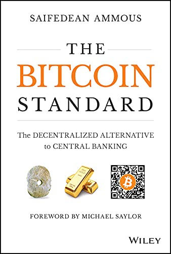 Book cover for The Bitcoin Standard with images of a stone coin, gold bars, and QR code.
