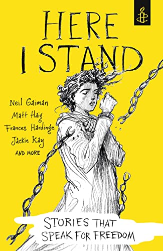 Book cover: sketched woman breaking chains, yellow background, title "Here I Stand".