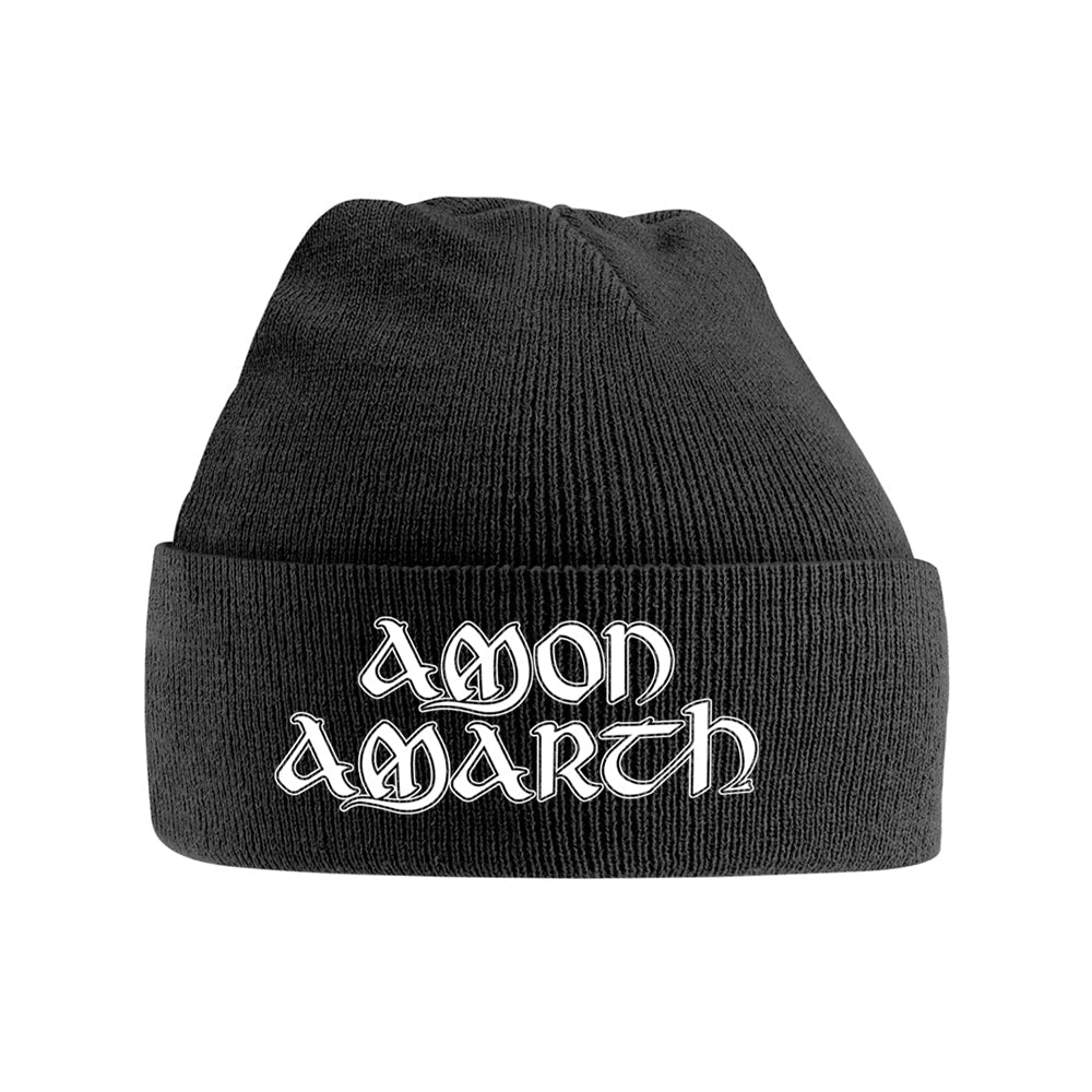 Black Amon Amarth beanie hat with white band logo detail.
