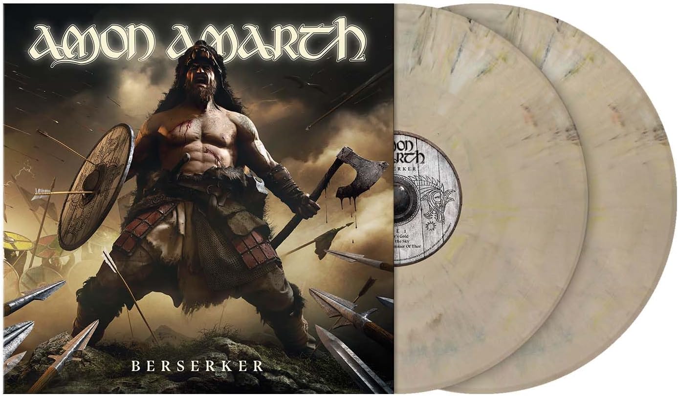 Amon Amarth's Berserker album cover on a black vinyl record.