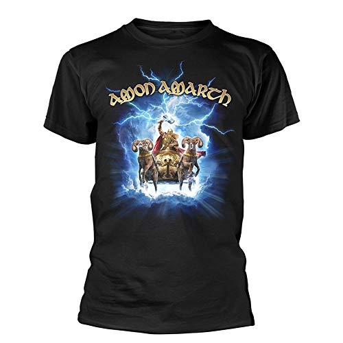 Black Amon Amarth t-shirt featuring Thor in a goat-drawn chariot amidst blue lightning.