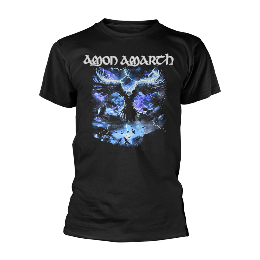Black t-shirt with a graphic of a white raven in a storm.