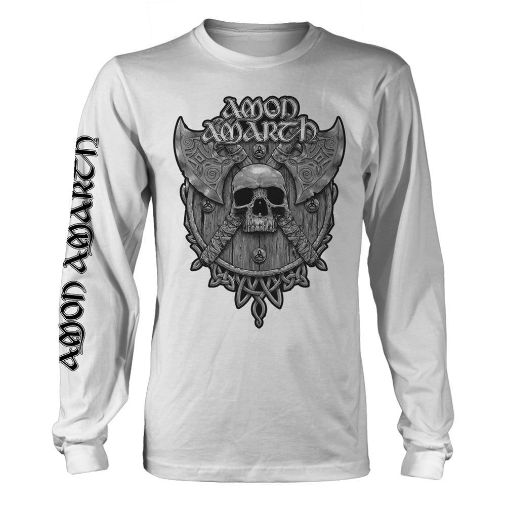 White long-sleeve shirt featuring a skull, crossed axes, and Amon Amarth logo graphic.