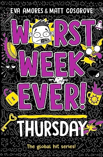 Book cover with purple text Worst Week Ever! Thursday on a black doodle background.