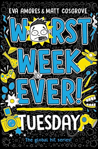 Book cover with blue text Worst Week Ever! Tuesday on a black doodle background.