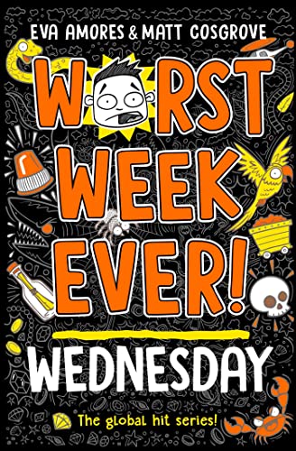 Colorful cartoon cover with a child experiencing a chaotic scene on a Wednesday.