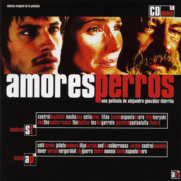 “Amores Perros” soundtrack album cover with close-up of two faces.