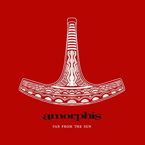 Red album cover for Amorphis’ “Far From The Sun” with white axe design.