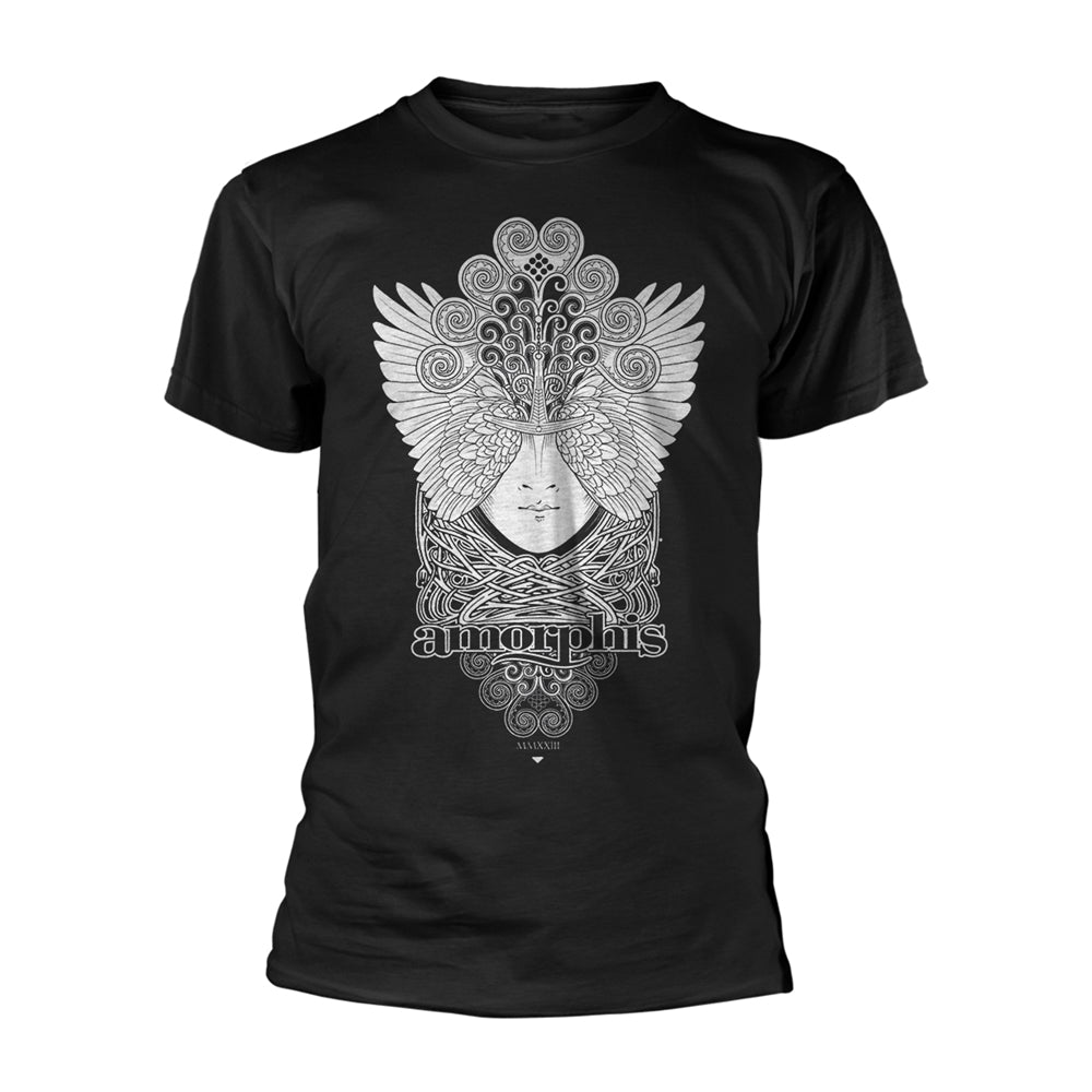 Black t-shirt with detailed silver and white illustration of a face with wings.