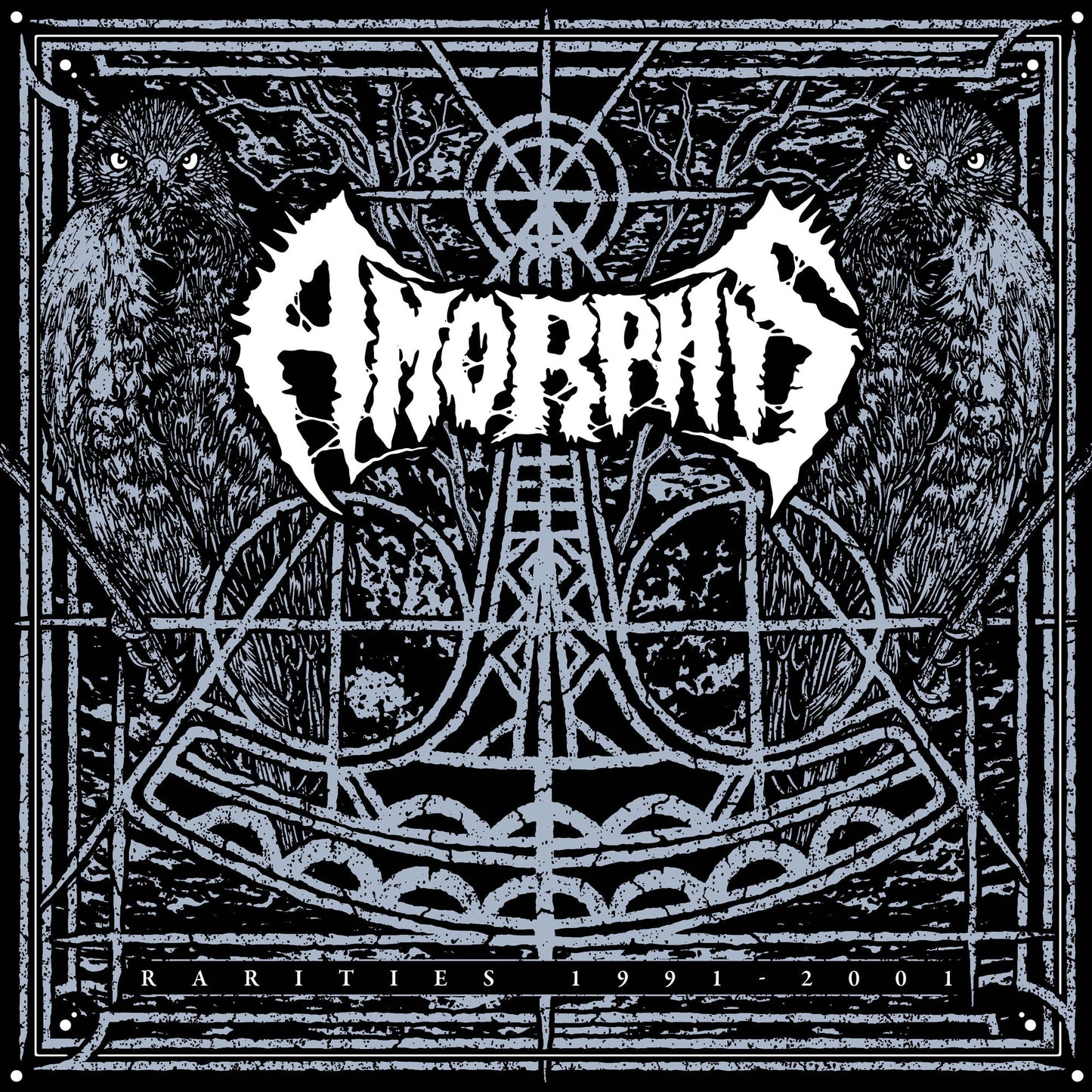 Amorphis Rarities CD cover: ravens flank ornate, dark grey lettering.