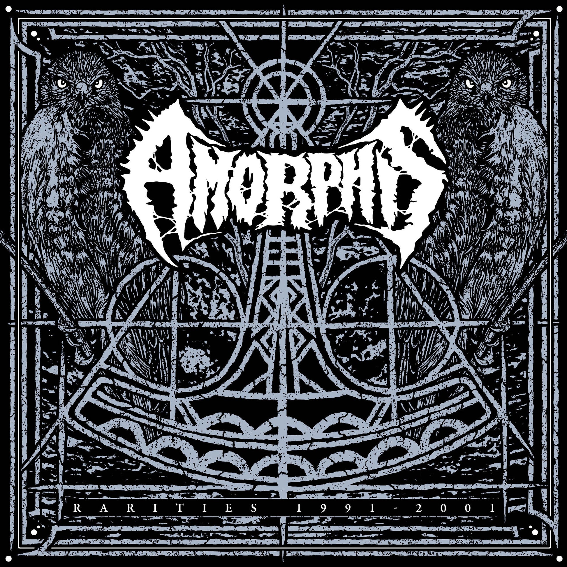 Amorphis Rarities CD cover: ravens flank ornate, dark grey lettering.