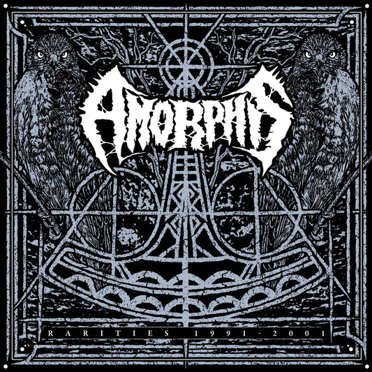 Album cover for Amorphis Rarities 1991-2001, featuring owls and ornate design.