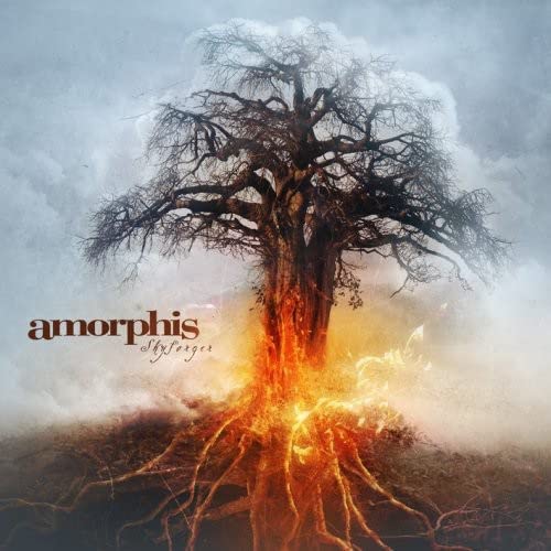 Album cover for Amorphis’s Skyforger, featuring a fiery tree against clouds.