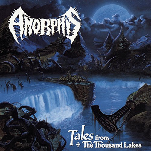 "Amorphis album cover featuring a dark, mystical lake scene with a waterfall at night."