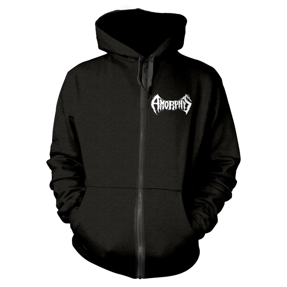 Black zip-up hoodie with white "AMORPHIS" band logo on the chest.